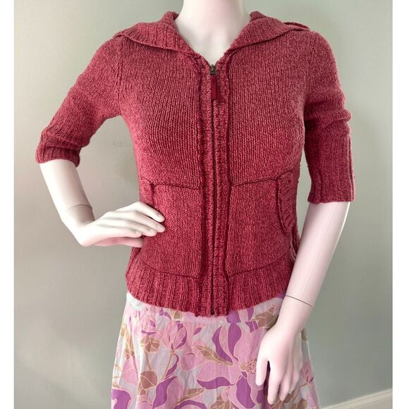 Vintage Y2k Mudd Burgundy Red Knit Zip Up Cropped Short Sleeve Sweater Jacket XS - Picture 2 of 10